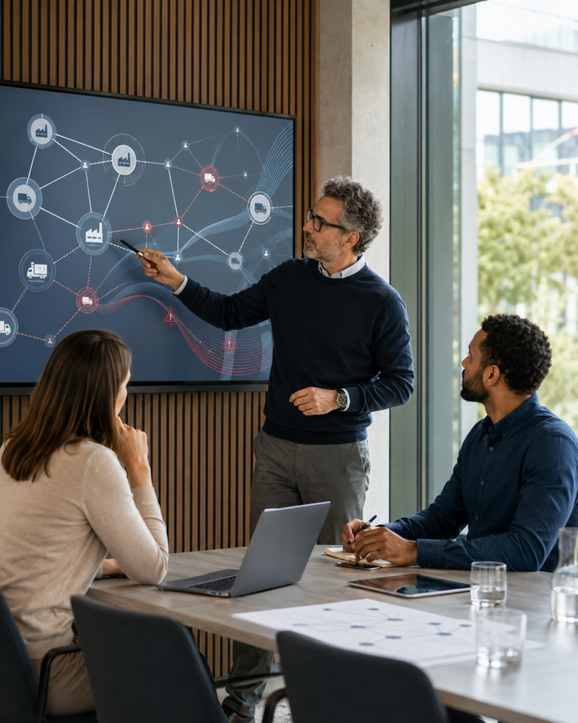 Supply-Chain-Team analysiert mit einem KI-Agenten Liefernetzwerke und Risiken