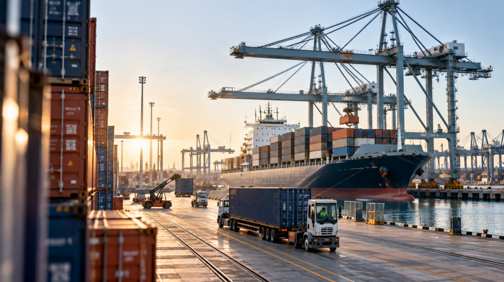 Containerhafen im goldenen Abendlicht (1)